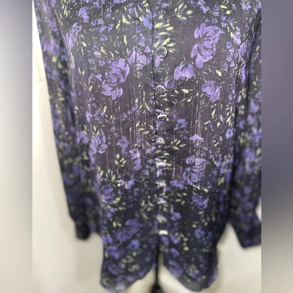 Elie Tahari‎ Whimsical Black and Purple Floral Blouse- Size XS